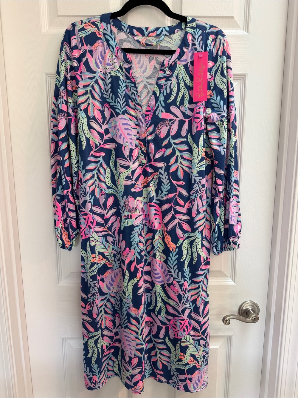 Lilly Pulitzer Navy Dress with Pink, Mint & Coral Leaf Print